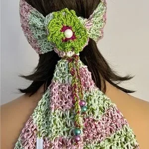 Hand Knits 2 Love Bandana Headband Headwrap Scarf Flower Pearl Designer Boho Hand Knits 2 Love Cotton Bandana Scarf Headband Hearscarf  main image 4